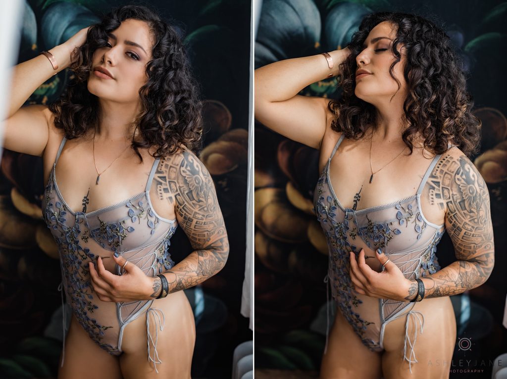 Individual boudoir images with flower wall