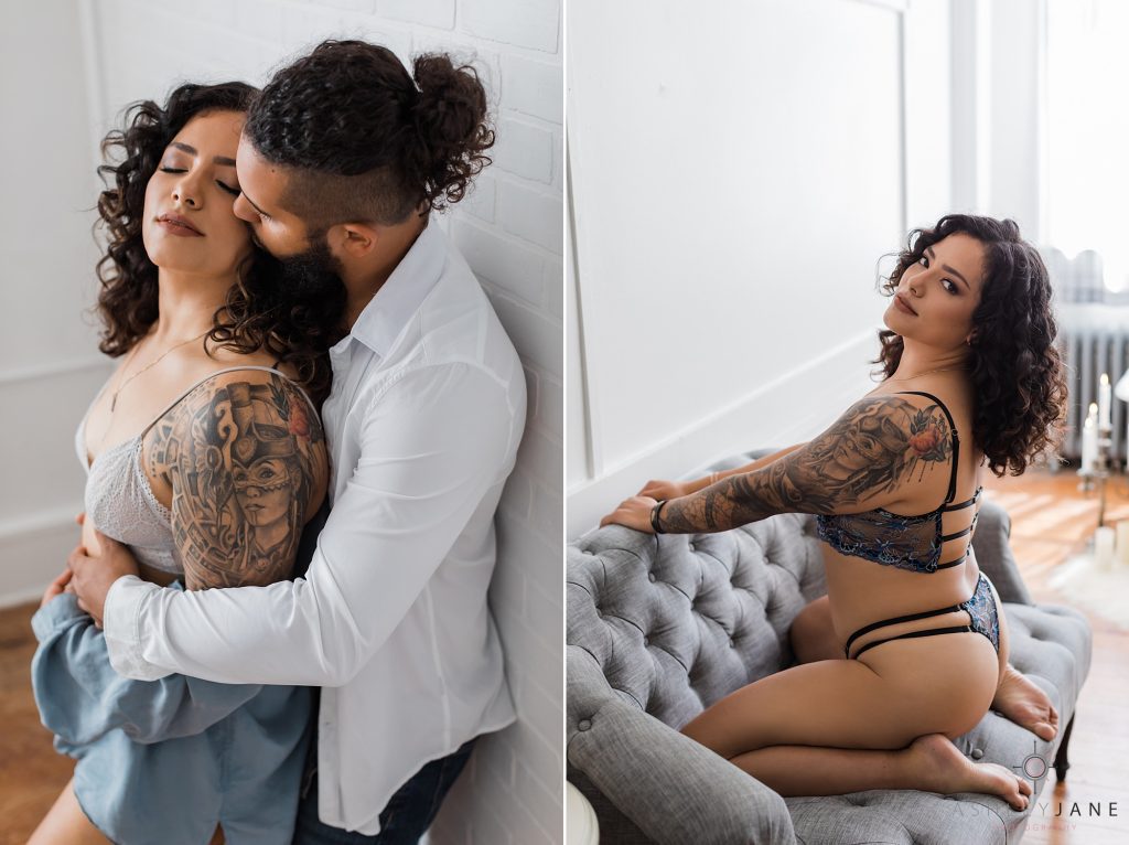 Cozy boudoir images with collared shirt and couch