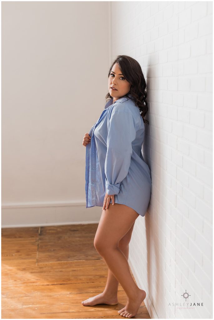 Blue Collar Shirt. Lady K's Boudoir Session with Ashley Jane Photography
