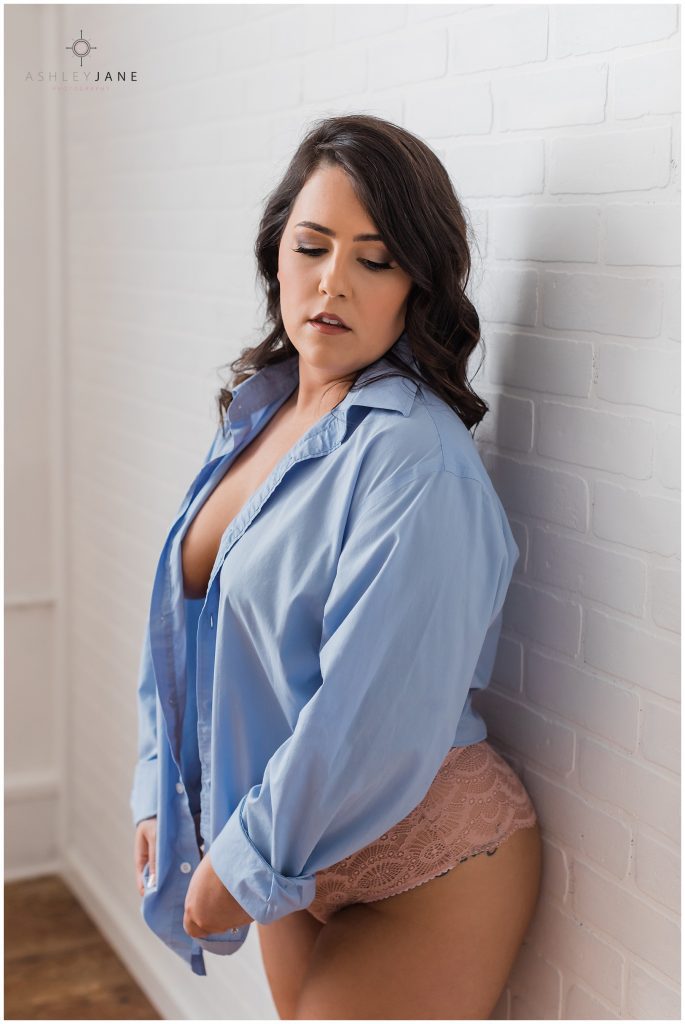 Blue Collar Shirt. Lady K's Boudoir Session with Ashley Jane Photography