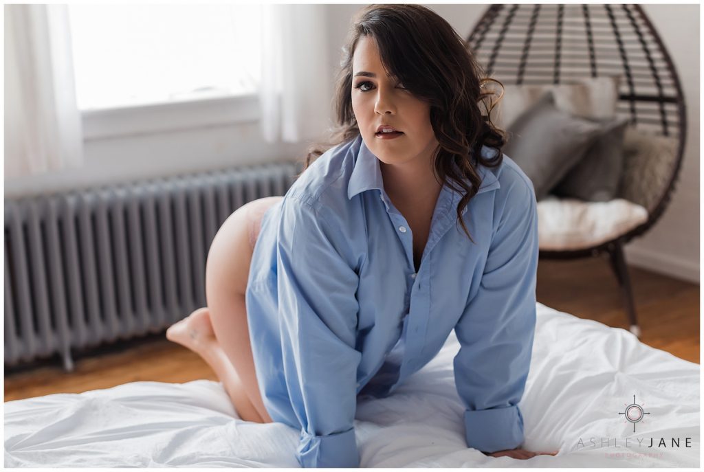 Blue collar shirt. Lady K's Boudoir Session with Ashley Jane Photography