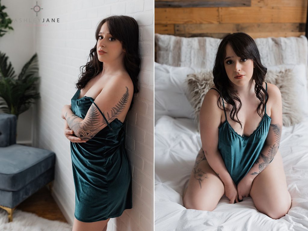 Photos of boudoir model in green lingerie standing against a white brick wall and sitting on a bed
