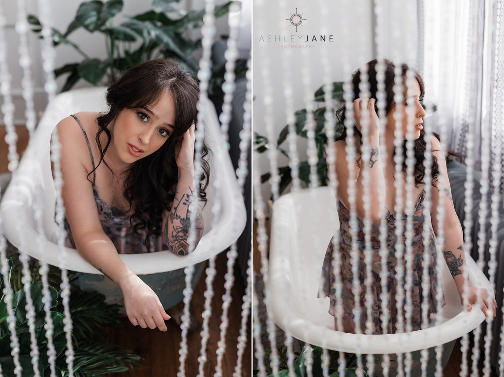 Photos of boudoir model in floral lingerie kneeling in clawfoot tub behind bead curtain.