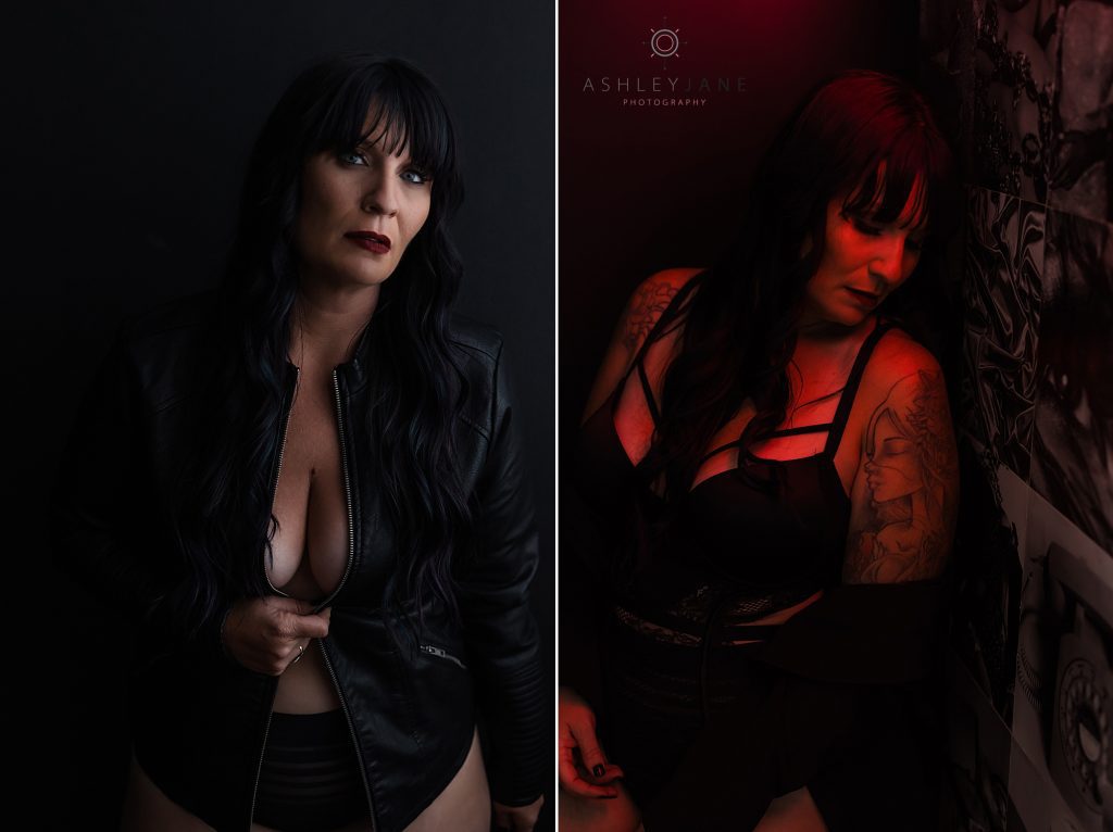 Boudoir model wearing a black leather jacket against black background.

Boudoir model wearing black lacy lingerie standing under bright red light.