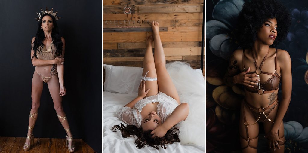 3 boudoir models. The first is standing in front of black backdrop with gold lingerie, shoes and headpiece. The second is laying on a bed with her feet up on a palette wood wall and wearing white lacy lingerie. The 3rd is standing against a dark floral backdrop wearing brown lingerie with chains.