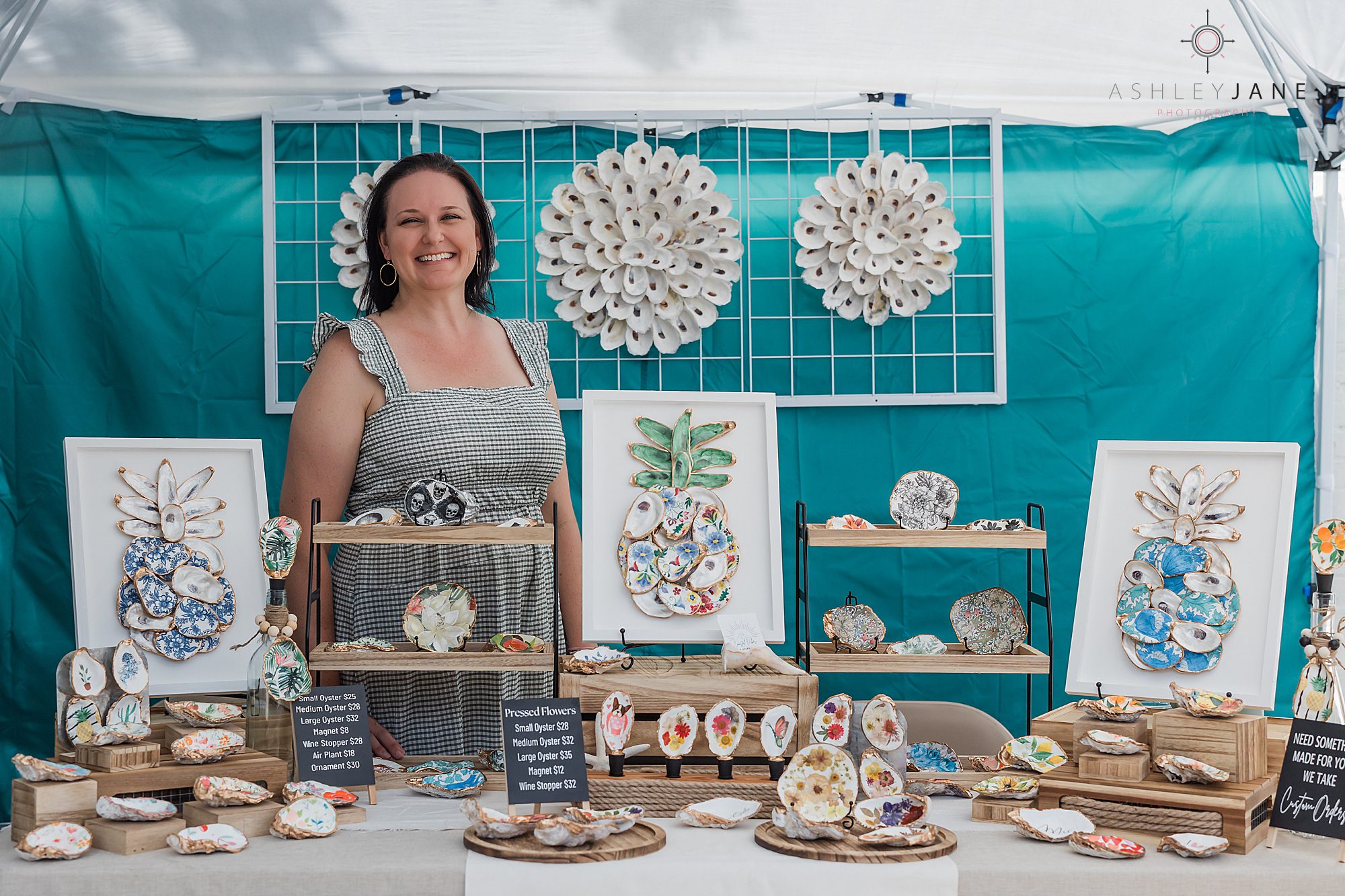 Branding portraits of oyster artist creating decoupage shell art in Florida studio