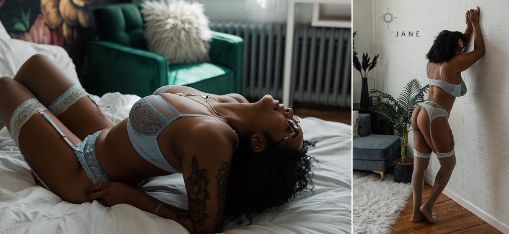 Postpartum boudoir photoshoot showing relaxed and confident woman